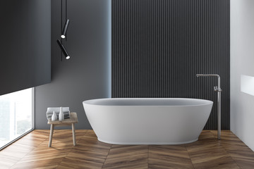 Naklejka na ściany i meble Black and white style bathroom interior with bathtub and wooden floor. 3d render.