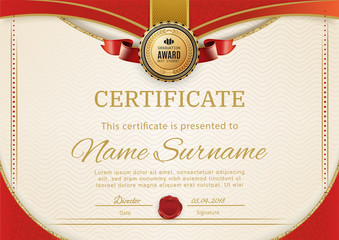 Official retro certificate with red gold design elements. Red ribbon and gold emblem. Vintage modern blank