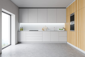 Modern disign empty kitchen interior with window and city veiw. 3d Render.