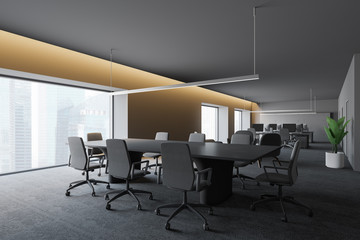 Modern dark office interior with work space. 3D render. concept of successful business.