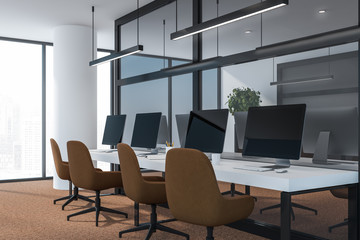 Modern dark office interior with work space. 3D render. concept of successful business.