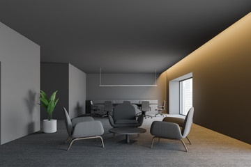 Modern design dark office interior with work space. 3D render