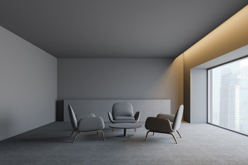 Modern dark empty office interior with work space. 3D render