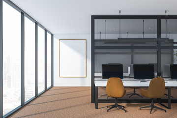 Modern dark office interior with work space. 3D render Mock up poster.