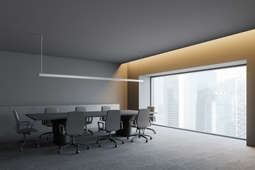 Modern dark office interior with work space. 3D render