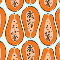 Papaya repeat decoration. Exotic fruit tropical background. Repetiotion pattern with exotic elements. Vector hand drawn sketch.