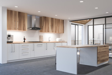 Modern disign kitchen interior with window and city veiw. 3d Render.