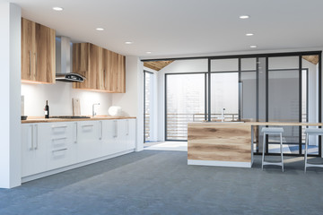 Modern disign kitchen interior with window and city veiw. 3d Render.