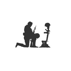 Isolated Silhouette of Soldier Kneeling at Military War Memorial of Fallen Soldier with Helmet Gun and Rifle in Combat Boots