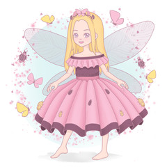 Princess of beatles and butterflies. Little girl in pink dress