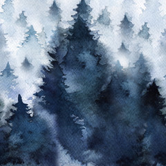 a forest of fir trees in the fog. watercolor. seamless background