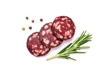 Dry  sausage slices with rosemary , isolated on white background.