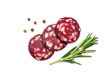 Dry  sausage slices with rosemary , isolated on white background.