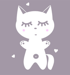 Poster in the nursery. Kitten with eyes closed. Vector cute animal. White cat with pink cheeks for print on clothes. Fantastic anime style kawaii illustration. A collection of charming pets and hearts