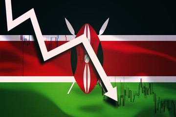 White arrow and stocks fall down on the background of the waving flag of Kenya