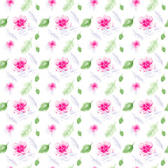 seamless pattern with pink flowers and leaves on a white background. Watercolor illustration