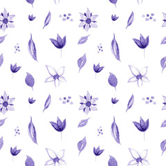 seamless pattern with purple flowers and leaves on a white background. Watercolor illustration