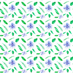 seamless pattern with blue flowers and leaves on a white background. Watercolor illustration