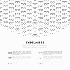 Eyeglasses concept with thin line icons: sunglasses, sport glasses, rectangular, aviator, wayfarer, round, square, cat eye, oval, extravagant, big size, reading. Vector illustration for banner.