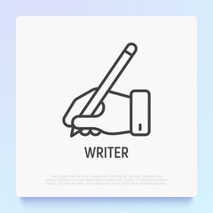 Hand with pen thin line icon, writer sign. Modern vector illustration.
