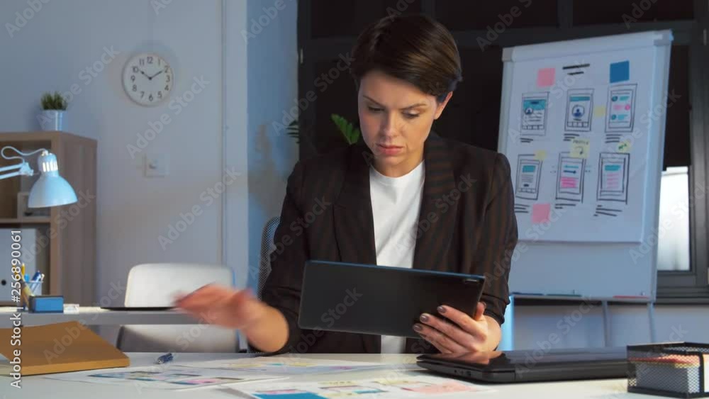Poster business, deadline and technology concept - ui designer with tablet pc computer and templates workin