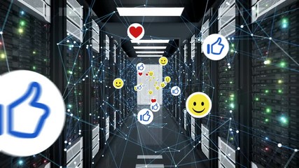 Social Media Icons Moving with Network Grid in Server Room Seamless. Smiles, Thumbs up and Hearts Symbols in Data Center Looped 3d Animation. 4k Ultra HD 3840x2160. - Powered by Adobe