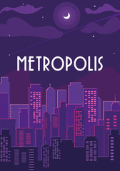 Naklejka premium metropolis cityscape buildings with purple sky