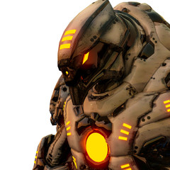 predator from desert and yellow glowing robot in a white background