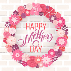 Hand drawn lettering Mothers Day. Spring banner. Origami flower frame. Vector Illustration EPS10