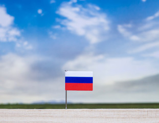 Flag of Russia with vast meadow and blue sky behind it.