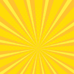 Pop art abstract background with bright yellow and orange sunbeams and halftone dots. Vector illustration