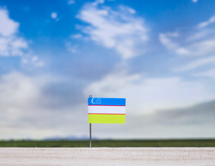 Flag of Uzbekistan with vast meadow and blue sky behind it.