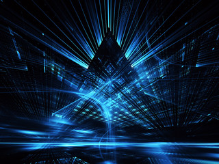 Abstract 3D fractal background, 3D illustration. Virtual Neon City