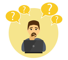 A man works on a laptop. Man is confused. Vector illustration.