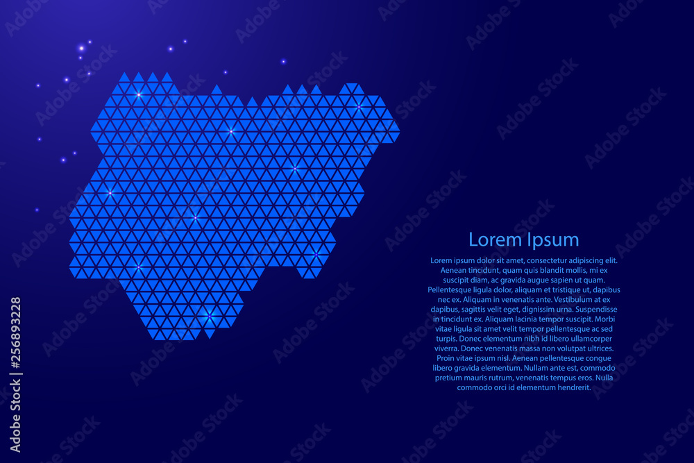 Poster nigeria map abstract schematic from blue triangles repeating pattern geometric background with nodes