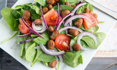 healthy dinner salad bowl of garden greens and bean protein
