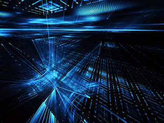 Abstract 3D fractal background, 3D illustration. Virtual Neon City