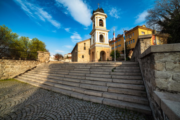 Colorful bell tower at entrance to Assumption of the Holy Virgin Church in Plovdiv's Old Town, Bulgaria