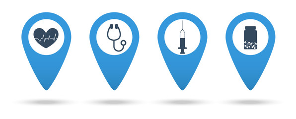 Medical locations. Mapping pins icons medical. Stethoscope, syringe, heartbeat, pills icons.