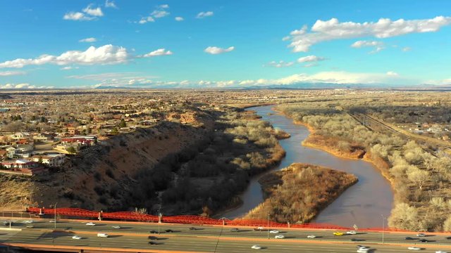 Aerial travel footage Albuquerque NM Rio Grande