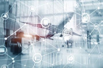 ICT - information and telecommunication technology and IOT - internet of things concepts. Diagrams with icons on server room backgrounds.