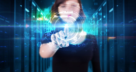 Woman touching hologram screen displaying medical symbols and charts
