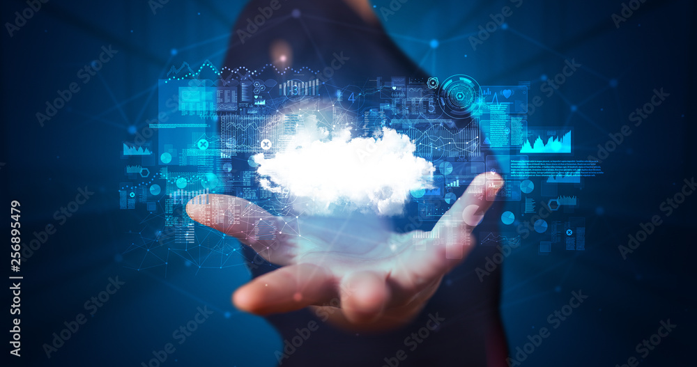 Poster Person holding hologram screen displaying information from cloud based system
