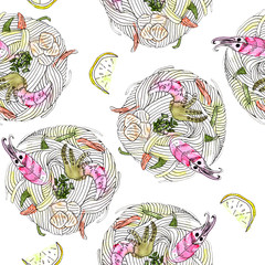 Japanese food udon noodle with seafood seamless pattern