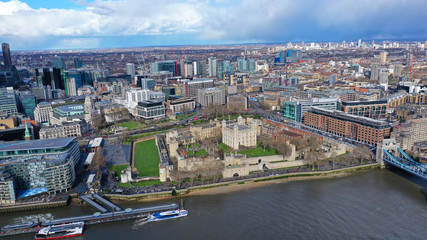 Fototapeta premium Aerial drone photo of iconic Tower of London castle in the heart of City of London, United Kingdom