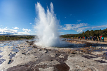 Strokkur Geyser eruption. Eruption of hot water. Gold Circle. Iceland.