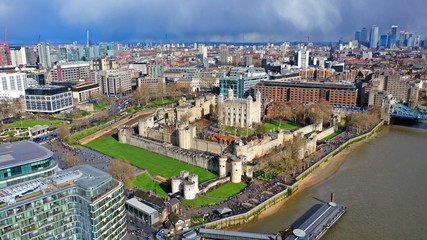 Aerial drone photo of iconic Tower of London castle in the heart of City of London, United Kingdom