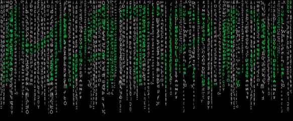 Matrix black and white on a black background with green text "Matrix".Computer virus and hacker screen wallpaper - Powered by Adobe