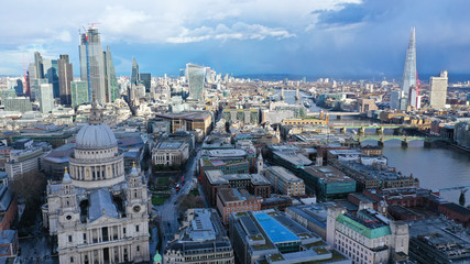 Obraz premium Aerial drone photo of iconic Saint Paul landmark Cathedral in the heart of City financial district of London, United Kingdom