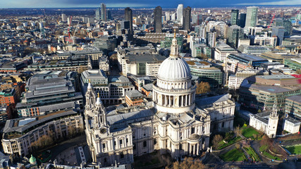 Fototapeta na wymiar Aerial drone photo of iconic Saint Paul landmark Cathedral in the heart of City financial district of London, United Kingdom